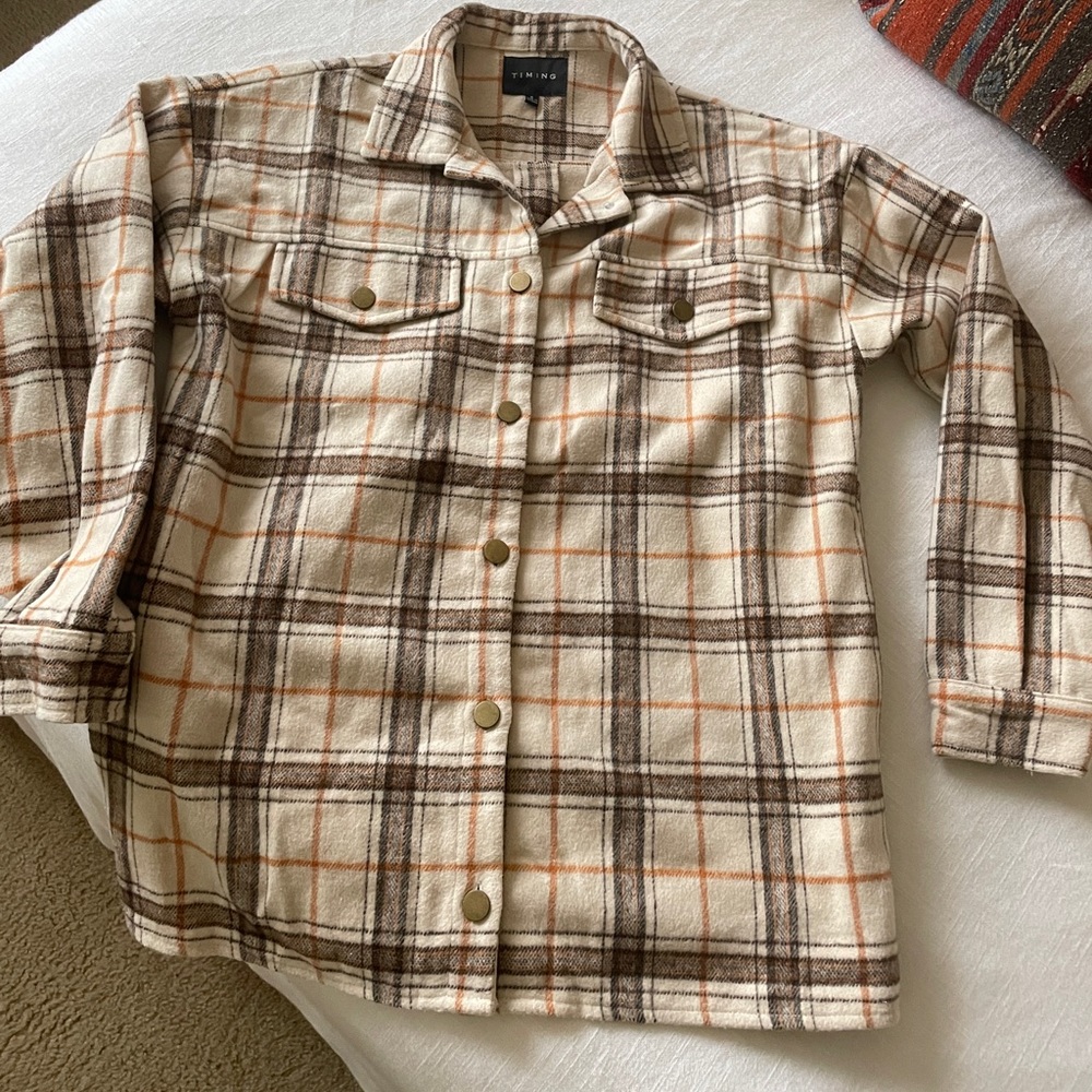 Cream and Brown Flannel Shacket Plaid